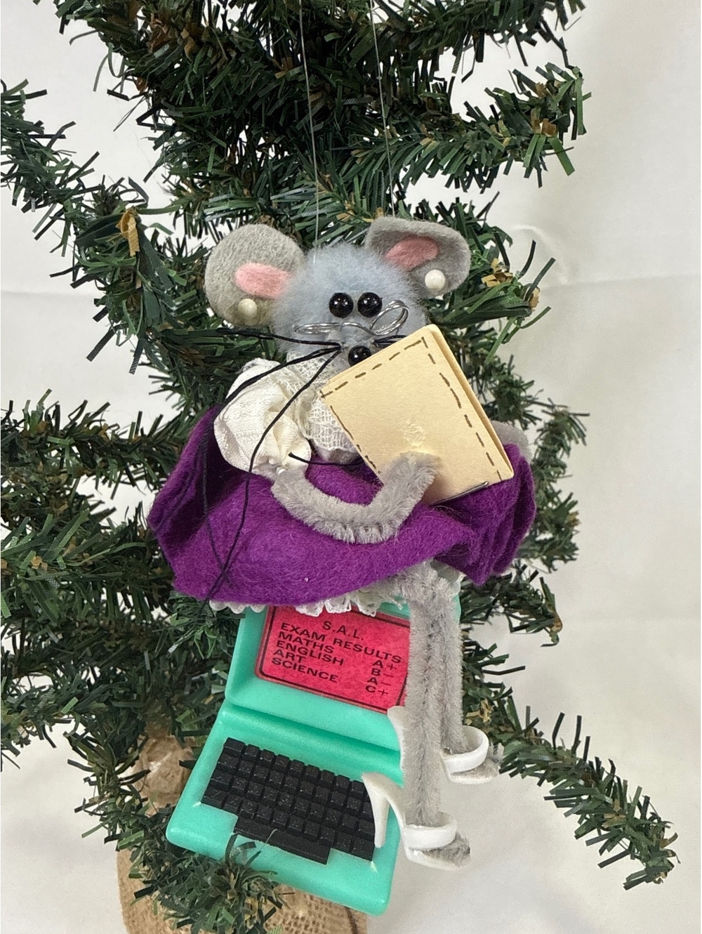 Handcrafted Whimsical Holiday Mouse Ornament with Book and Vintage Computer